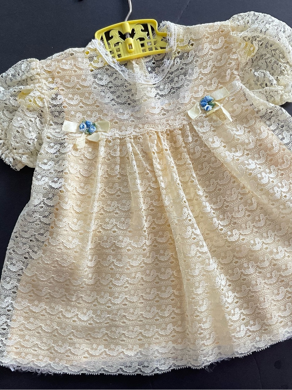 Delicate Soft Yellow Two Piece Lace Baby Dress with Blue Floral Accents